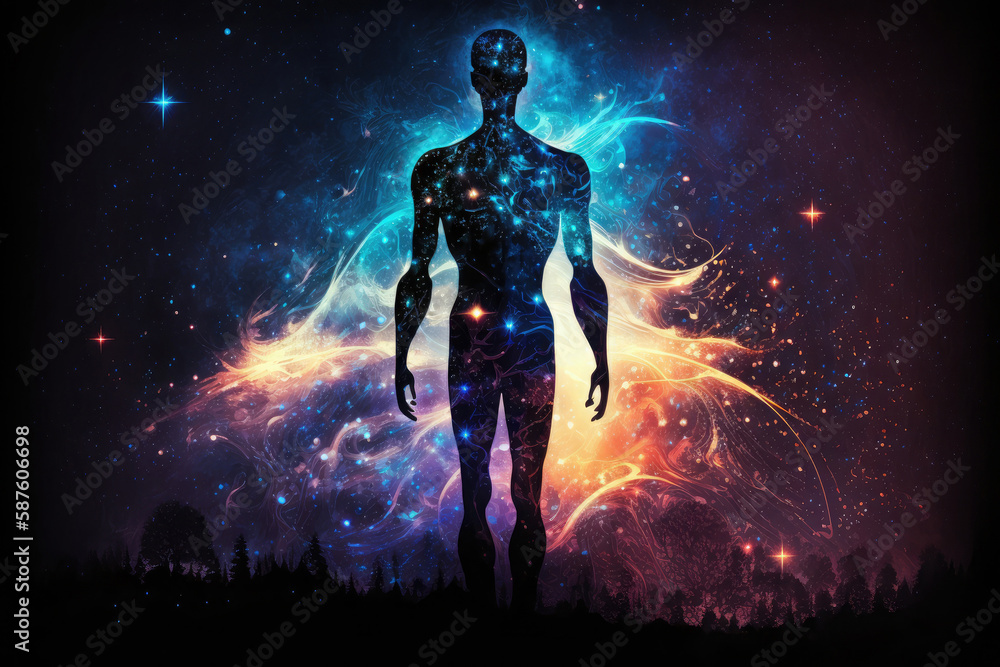 Сyber space concept of glowing astral body silhouette neural network AI generated art