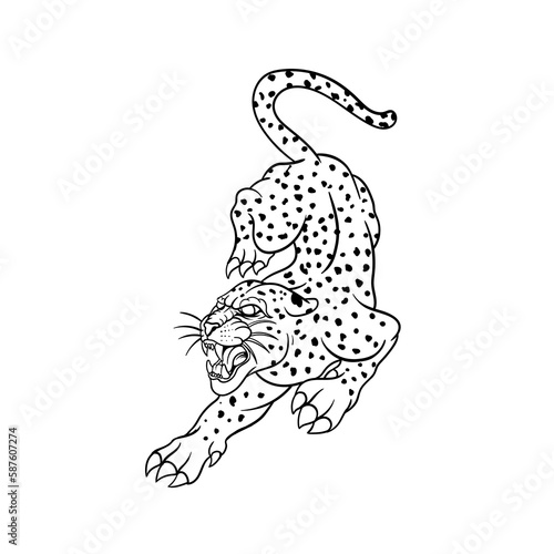 Hand drawn illustration of traditional leopard tattoo outline