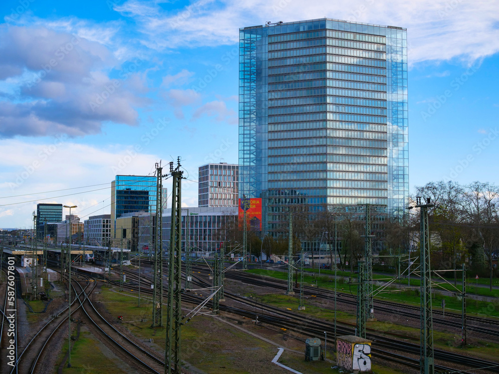 Fototapeta premium Victoria Tower in the background, in the foreground the railway tracks of Mannheim main station can be seen.