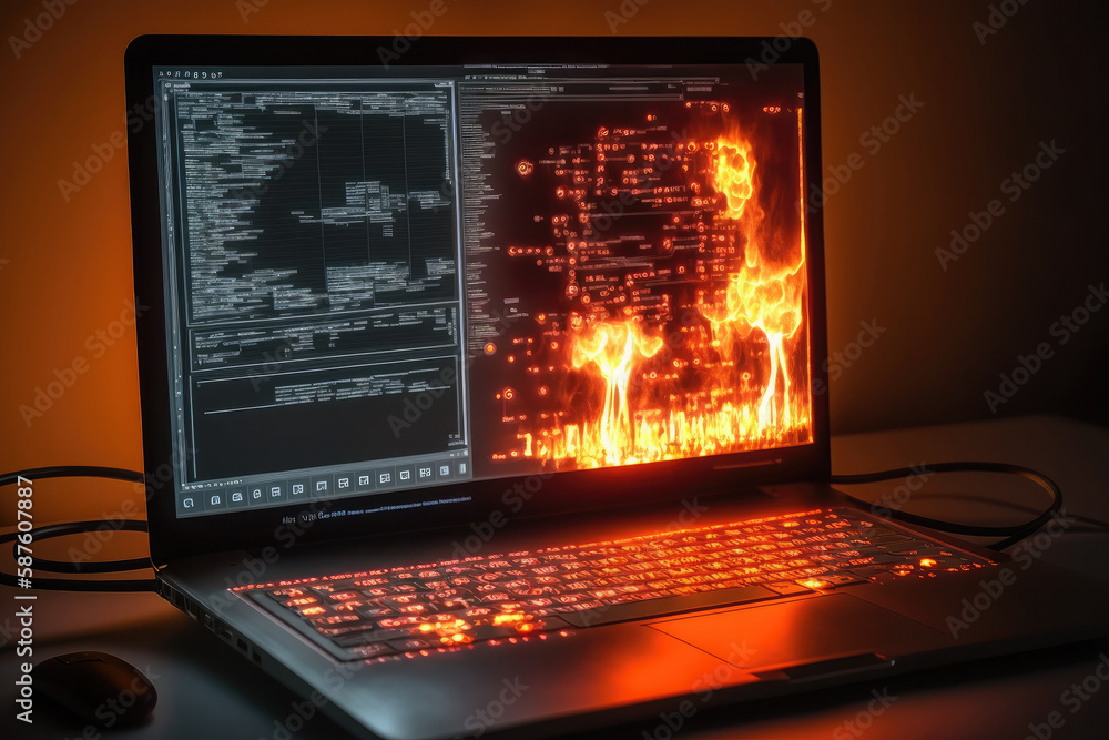 AI generated hacker laptop with fire binary computer code internet and network security AI generated hacker laptop with fire binary computer code internet and network security