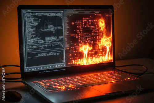 AI generated hacker laptop with fire binary computer code internet and network security