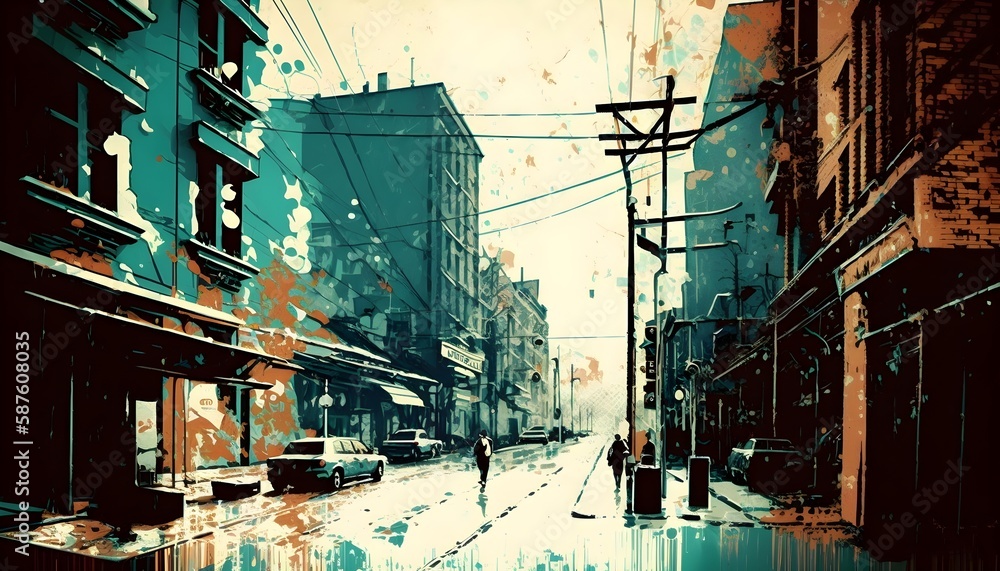 illustration painting of urban street with grunge texture, Generative AI