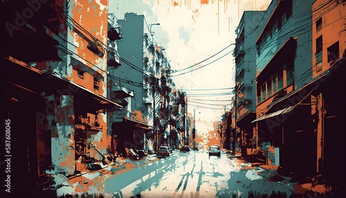 illustration painting of urban street with grunge texture, Generative AI © MG
