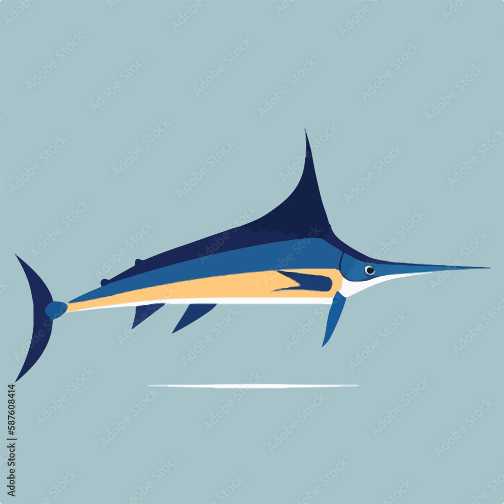 Swordfish in pelagic zone. Underwater fish and sea creatures in natural habitat. Flat vector