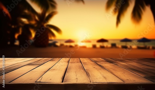 Wooden floors for displaying sunset atmosphere with a blurred beach backdrop. AI-generated images