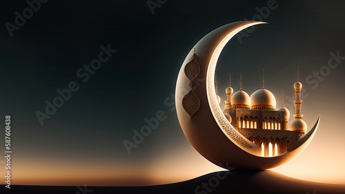 Crescent Moon With Beautiful Mosque On Evening Background. photo