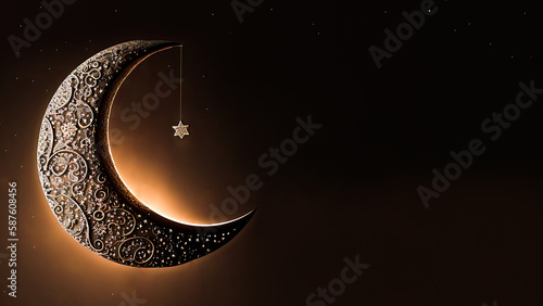 Beautiful Carved Crescent Moon With Hanging Star On Dark Background. 