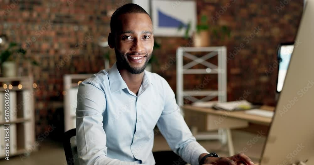 Office, black man and face of a happy business employee at a computer for job. Happiness, online and professional worker portrait of a digital graphic designer with a smile from company and career