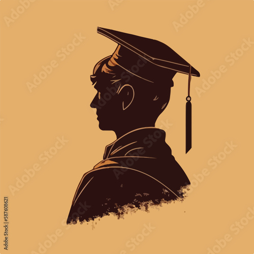 Graduate silhouette with a graduation cap on the head . Concept for happy graduation poster or card template design. Flat retro vector illustration. Generative AI