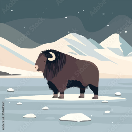 Muskox in snowy terrain. Arctic animals in natural habitat. Flat vector illustration concept. Generative AI