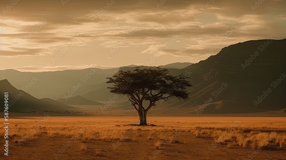 Minimalistic landscape Photography of a tree in the savanna of africa, mountains in the background, generative ai