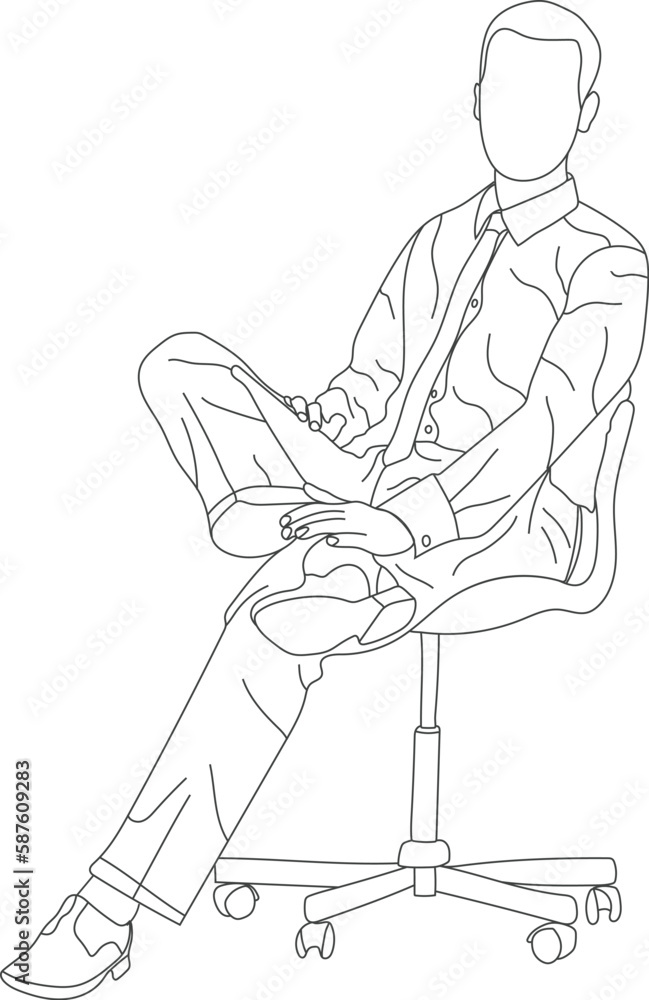 Man sitting on a chair line art with white background, illustration line drawing.
Man sitting on a chair line art with white background, illustration line drawing.