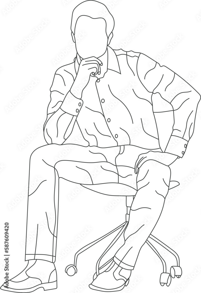 Man sitting on a chair line art with white background, illustration line drawing.
Man sitting on a chair line art with white background, illustration line drawing.