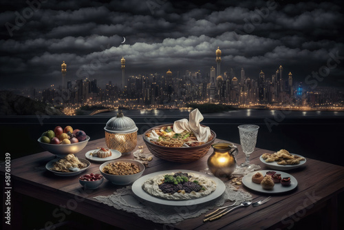 Close up variety of table with arabic food during iftar meal on ramadan AI generated