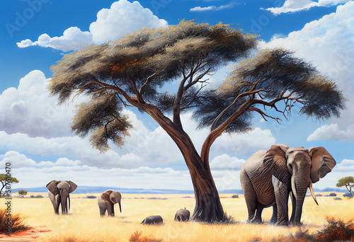  family of elephants in the savannah, grazing on grass and playing in a waterhole. Generative AI technology.