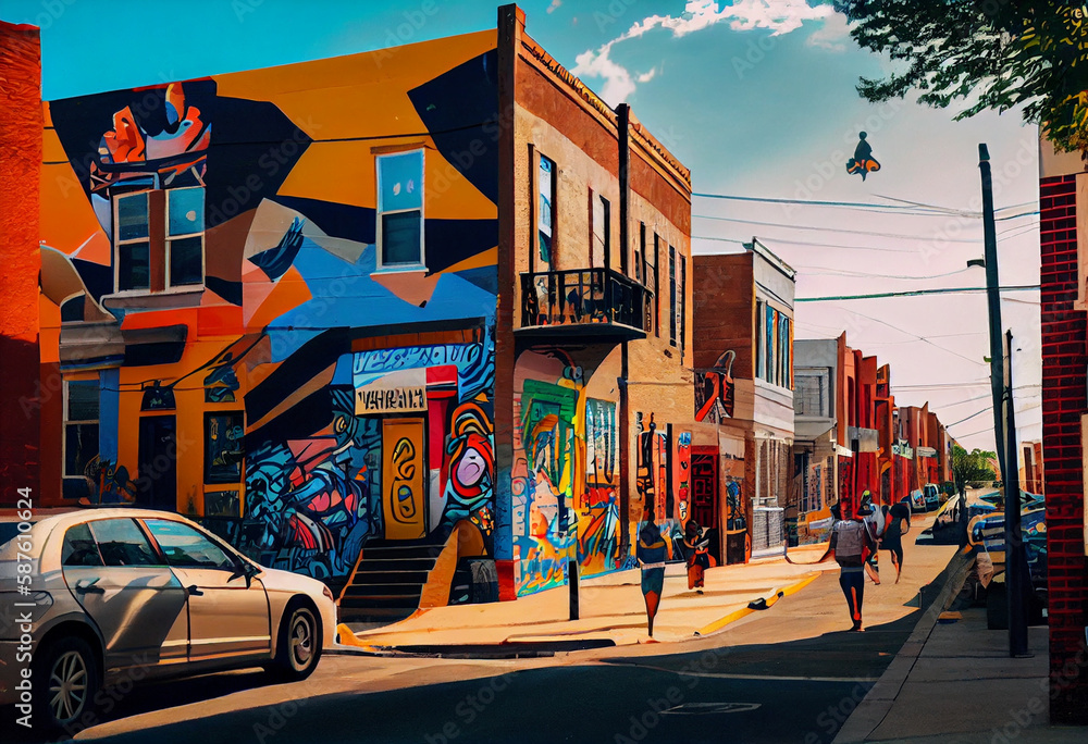 A street scene in a predominantly African-American neighborhood, filled