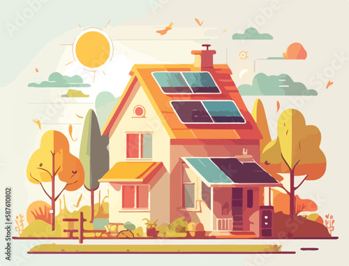 Renewable sustainable home with photovoltaic solar panels on the roof of the house. Green energy. Climate change prevention. Flat vector illustration concept. Generative AI