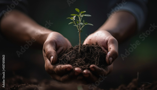Hand holding young tree for planting, earth day, environment by Generative ai