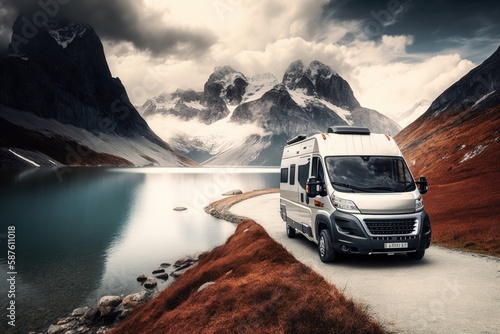 camper van against the backdrop of the mountains, an amazing view, generative ai © noeh