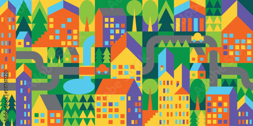 Vector illustration in a simple minimalistic geometric style - urban landscape with buildings, hills and trees. Abstract colourful geometric city. Bauhaus style.
