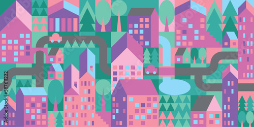 Vector illustration in a simple minimalistic geometric style - urban landscape with buildings, hills and trees. Abstract colourful geometric city. Bauhaus style.