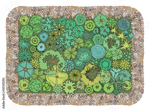Vector illustration. Landscape design. Top view. Path, trees and flowers. View from above.
