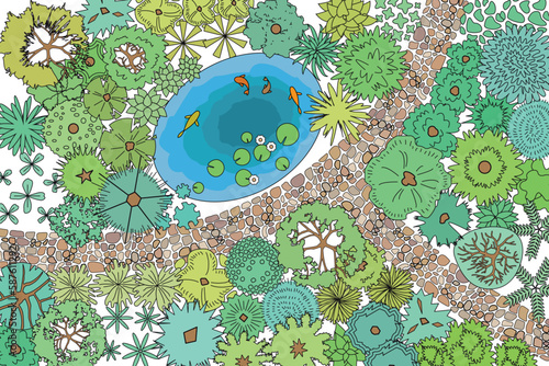 Landscape design. Top view. Pond, path, trees and flowers. View from above. Vector illustration.