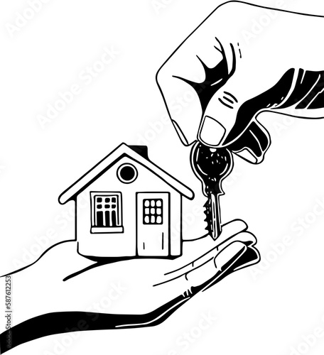 Haus in einer Hand, der Schlüssel wird übergeben. Symbol für den Kauf eines Hauses oder das Mieten eines Hauses. Vektor aus Außenlinien. 