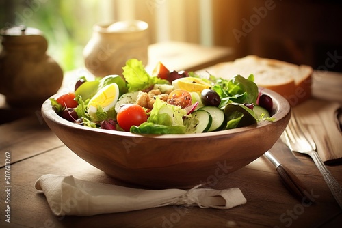 Realistic salad with vegetables on wooden bowl