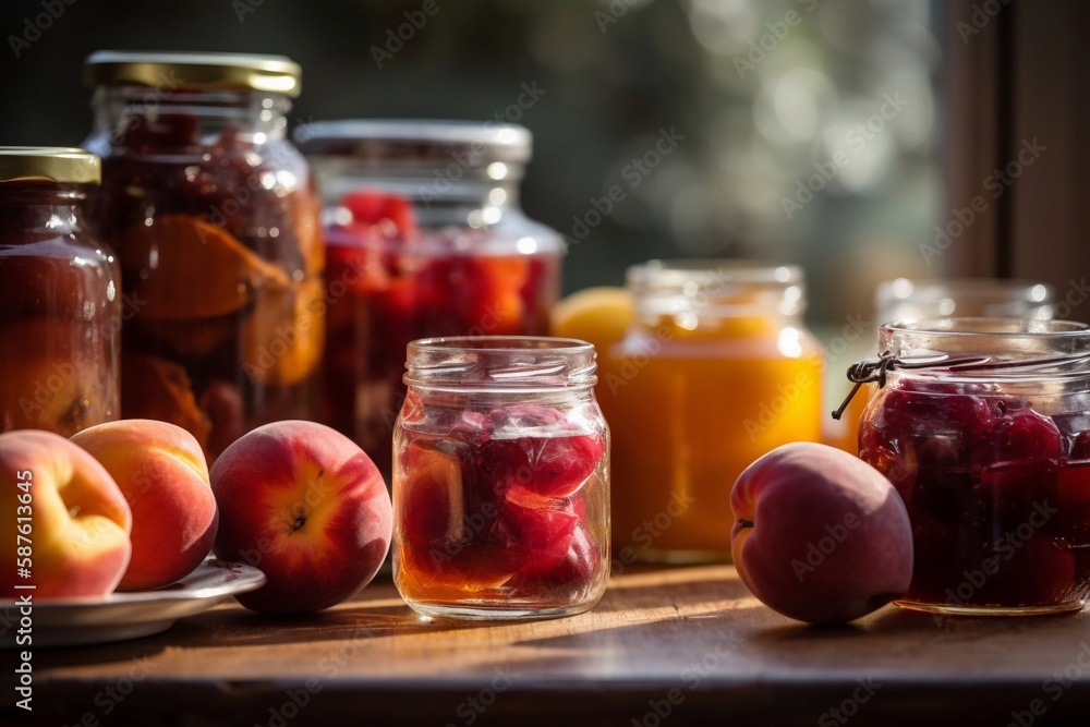 Realistic jars of fruits on table Realistic jars of fruits on table