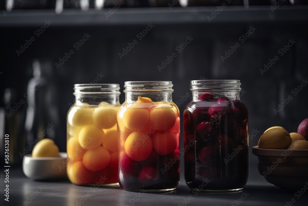 Delicious jars of fruit on the table Delicious jars of fruit on the table