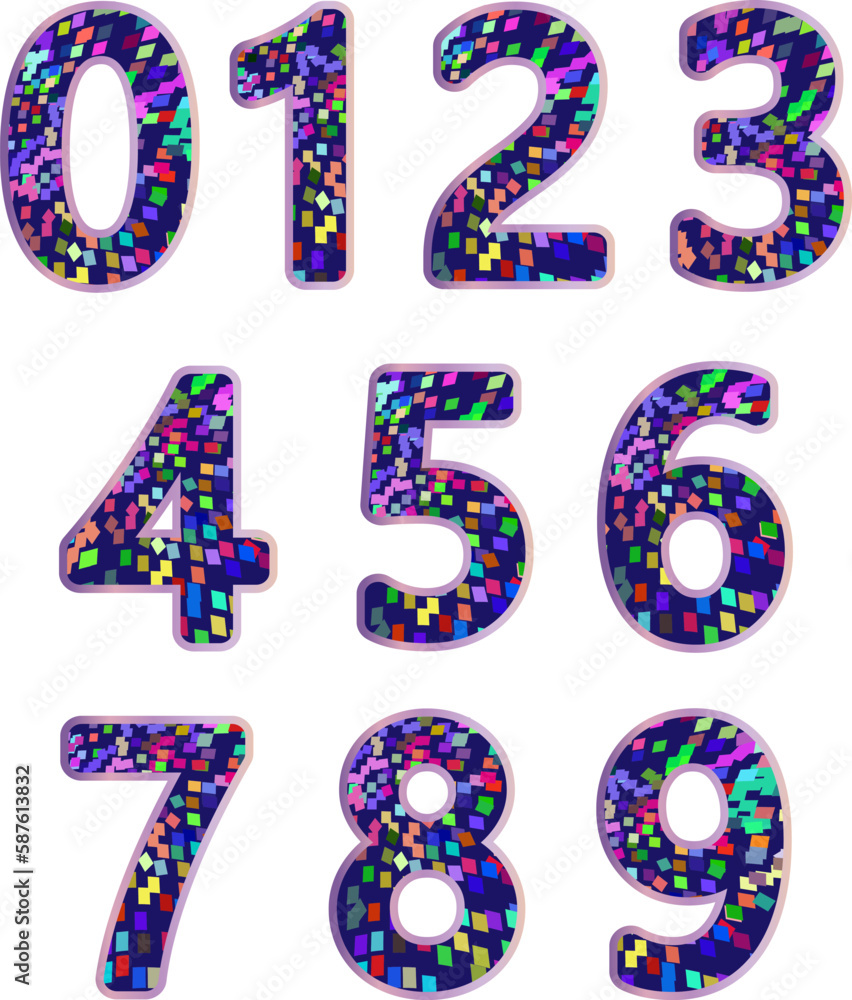 bright fancy fancy numbers from zero to nine. 0 1 2 3 4 5 6 7 8 9. blue gaudy mottled signs with beautiful multicolored square elements and purple gradient outline. isolated on white. set. collection. bright fancy fancy numbers from zero to nine. 0 1 2 3 4 5 6 7 8 9. blue gaudy mottled signs with beautiful multicolored square elements and purple gradient outline. isolated on white. set. collection.