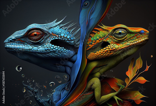 An abstract, surrealist portrait of a Lizards, featuring exaggerated proportions and dreamlike colors.  Generative AI technology.	
