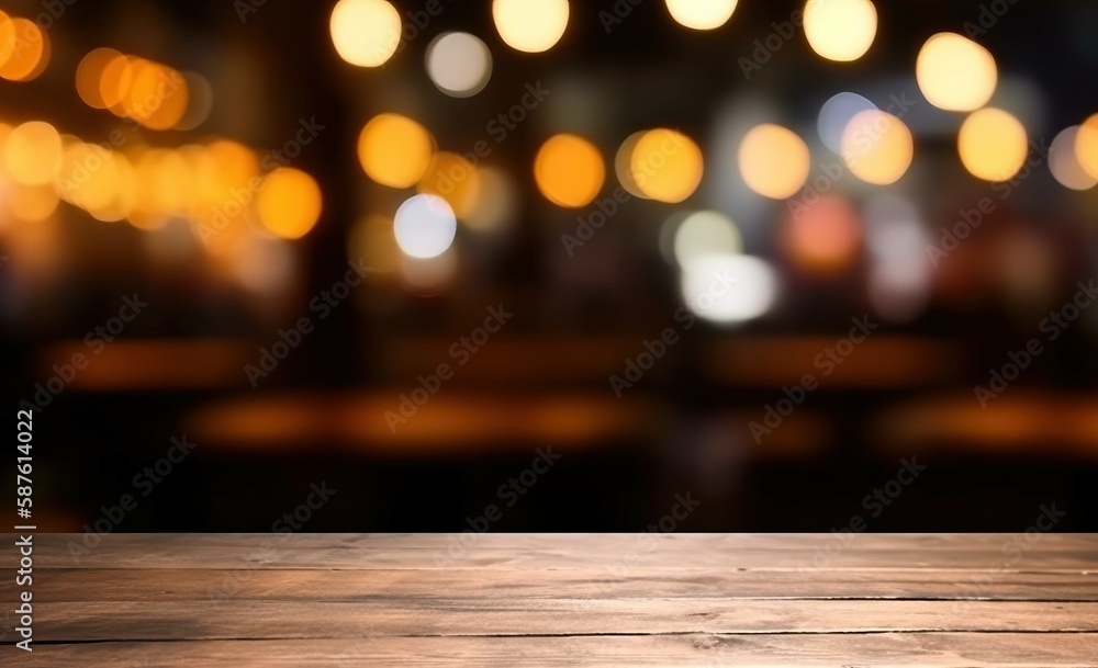 Wooden table floor for placing goods with bokeh restaurant lights. AI-generated images Wooden table floor for placing goods with bokeh restaurant lights. AI-generated images