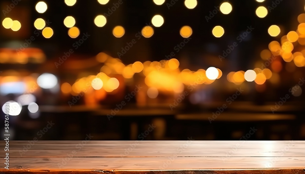 Wooden table floor for placing goods with bokeh restaurant lights. AI-generated images Wooden table floor for placing goods with bokeh restaurant lights. AI-generated images