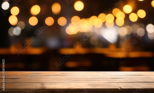 Wooden table floor for placing goods with bokeh restaurant lights. AI-generated images