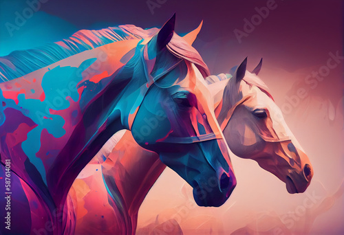 An abstract, surrealist portrait of a Savannah horses, featuring exaggerated proportions and dreamlike colors.  Generative AI technology.	