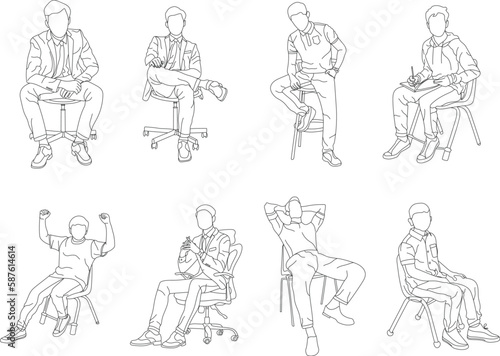 Set of man sitting on a chair line art with white background  illustration line drawing.