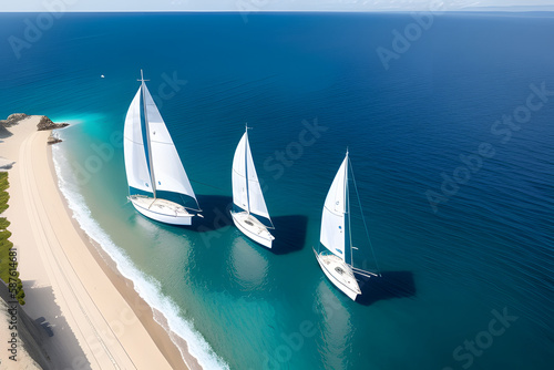 Aerial drone ultra wide panoramic photo of beautiful sailboat with white sails cruising deep blue sea near Mediterranean destination port