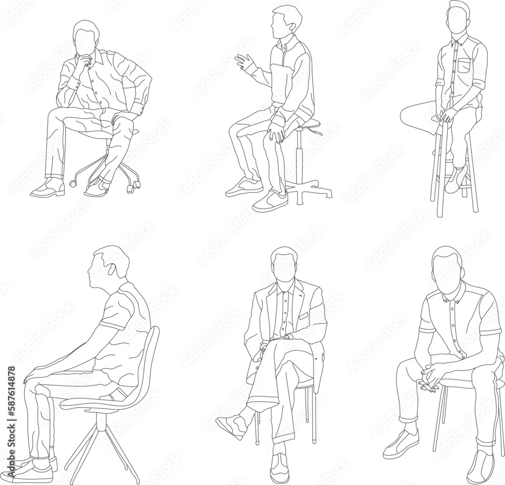 Set of man sitting on a chair line art with white background, illustration line drawing. Set of man sitting on a chair line art with white background, illustration line drawing.