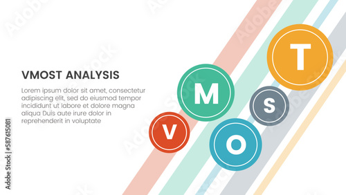 vmost analysis model framework infographic 5 point stage template with small circle spreading for background main page information concept for slide presentation
