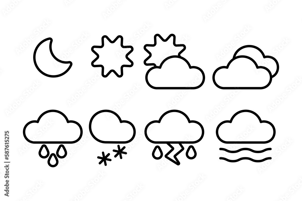 Vector icon collection for weather forecast reports, featuring outline and flat icons for sunny, rainy, cloudy, snowy, and foggy days. Perfect for use in weather apps, websites, and buttons for web Vector icon collection for weather forecast reports, featuring outline and flat icons for sunny, rainy, cloudy, snowy, and foggy days. Perfect for use in weather apps, websites, and buttons for web