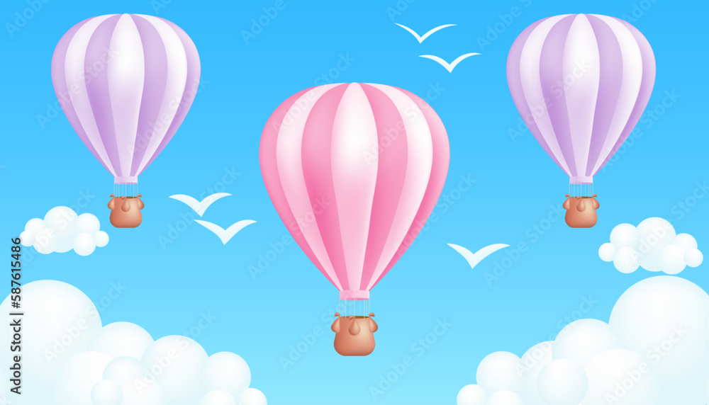 Realistic 3D cartoon vector illustration of a striped hot air balloon. Pastel colors. Perfect for outdoor activities, tourism, and summer fun, festival banners and children's illustrations