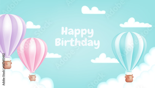 A hot air balloon on the blue background. Cute pastel children illustration perfect for a poster, invitation or card. Vector illustration template for birthday anniversaries, and baby showers.