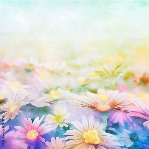 colorful daisy flowers in watercolor style copyspace,bright and vibrant with Generative AI