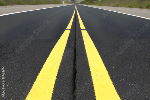 double yellow lines on new paved asphalt road surface