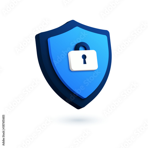 Technology security shield logo. 3D vector icon of lock, VPN symbol. Digital authentication and proxy server connection illustration. Virtual private network, password protection