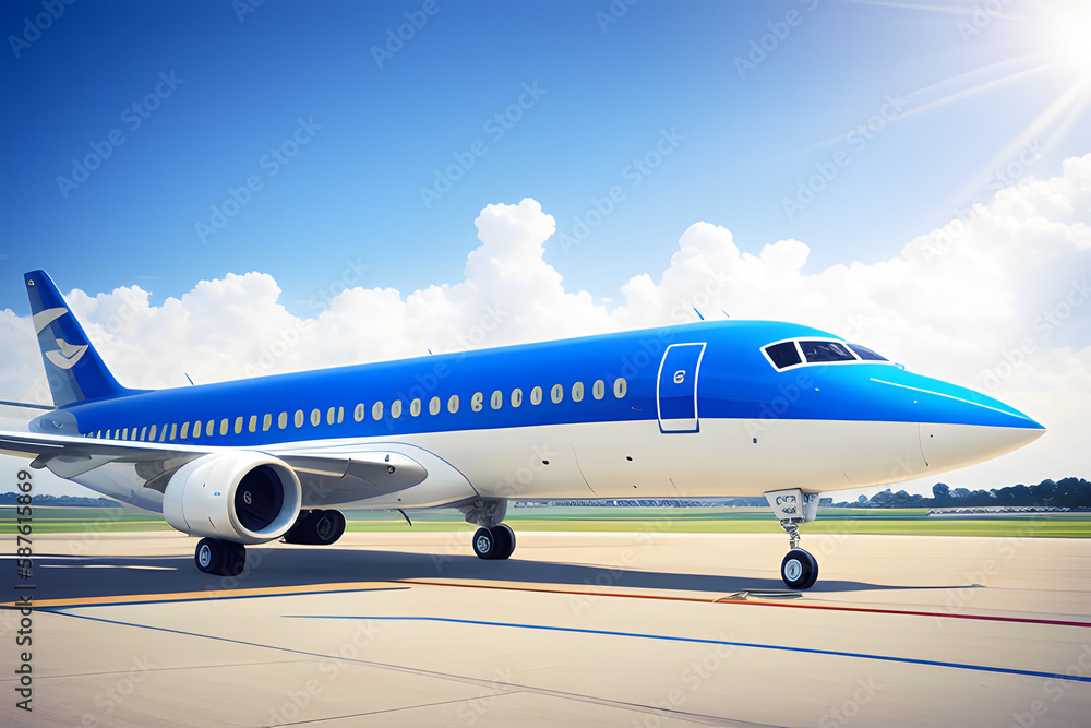Airport banner, modern aircraft on airfield, blue color with sunlight