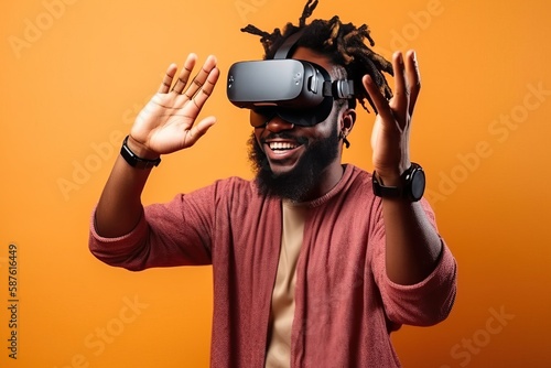 African american man on a yellow background in vr glasses trying to touch something with hand, playing video games with virtual reality headset, generative ai