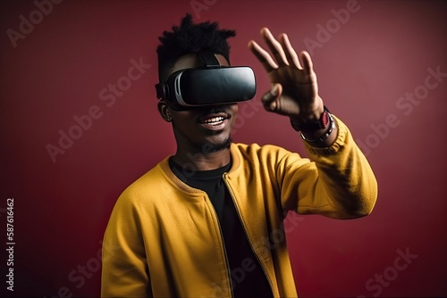 African american man on a red background in vr glasses trying to touch something with hand, playing video games with virtual reality headset, generative ai © Niko_Dali